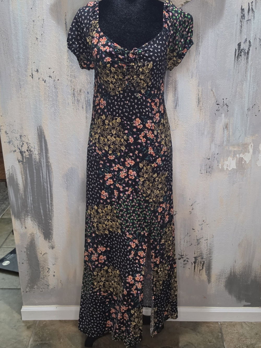 Black Floral Maxi Dress with Pink and Green Accents by 3rd + Malt Size Medium